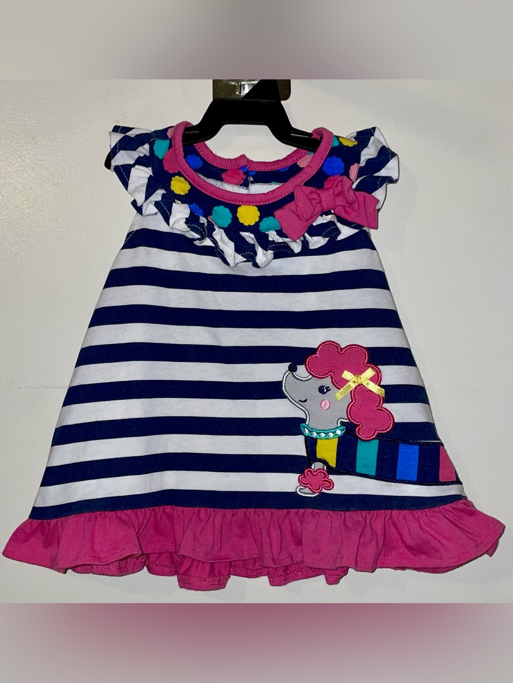 Nannette Navy & White Striped Tunic with Multicolor Poodle Accent
